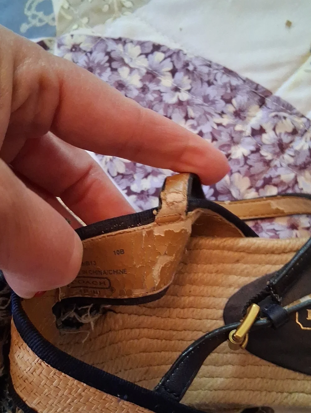 Coach Beige and Navy Floral Rope Sandals. Size 10B